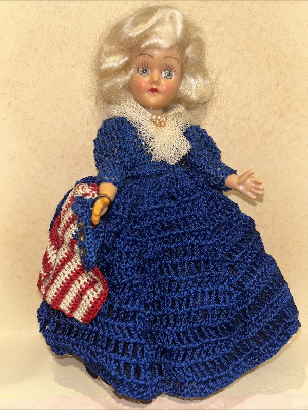 Vintage Dress Me Doll Blue Crochet Outfit and American Flag Sleepy Eyes 7"