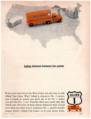 1963 Allied Van Lines Print Ad, Safest Distance Between Two Points Yellow Truck