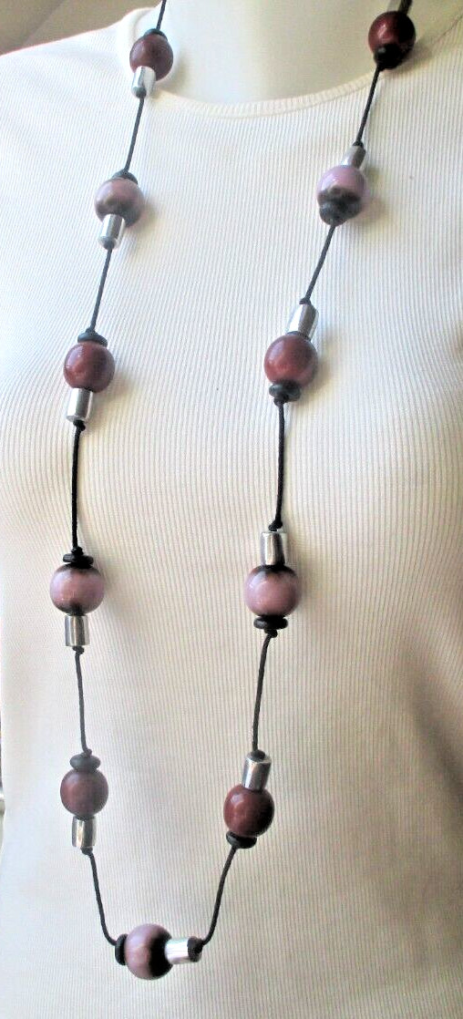 Large Necklace Drawstring Black Silver Beads Pink… - image 1