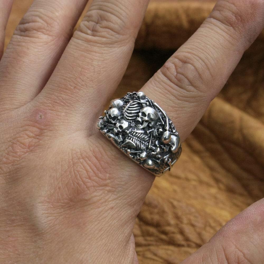 925 Sterling Silver Skulls Grave Rings Mens Biker Punk