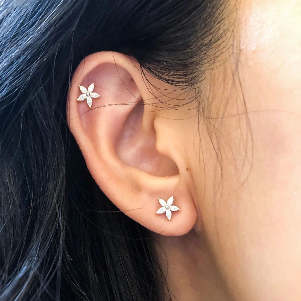 Pendientes de plata de ley 925 circonita cúbica flor tornillo bola trasero Foto 2 de 2