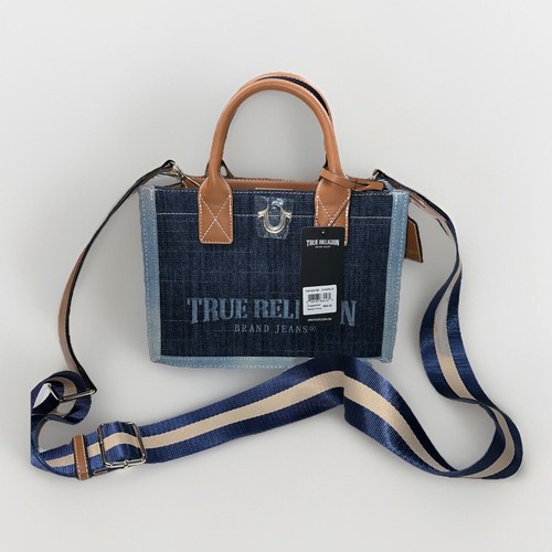 NEW TRUE RELIGION DENIM SATCHEL BAG / CROSSBODY BLUE/ TAN