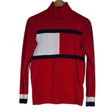 Tommy Hilfiger Size M Red Sweater Red Blue Color Block Pullover Turtleneck