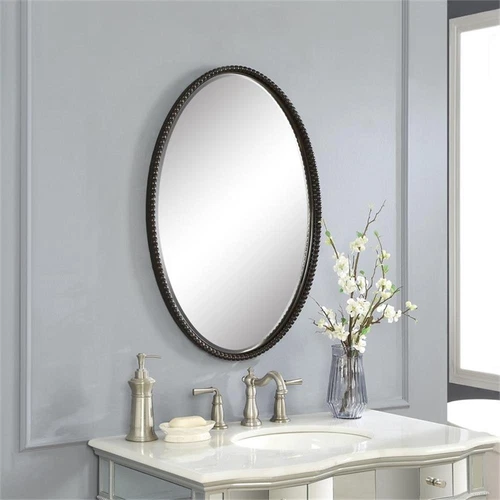 Uttermost Sherise Oval Metal and Glass Wall Mirror in Light Distressed Bronze - Picture 5 of 7