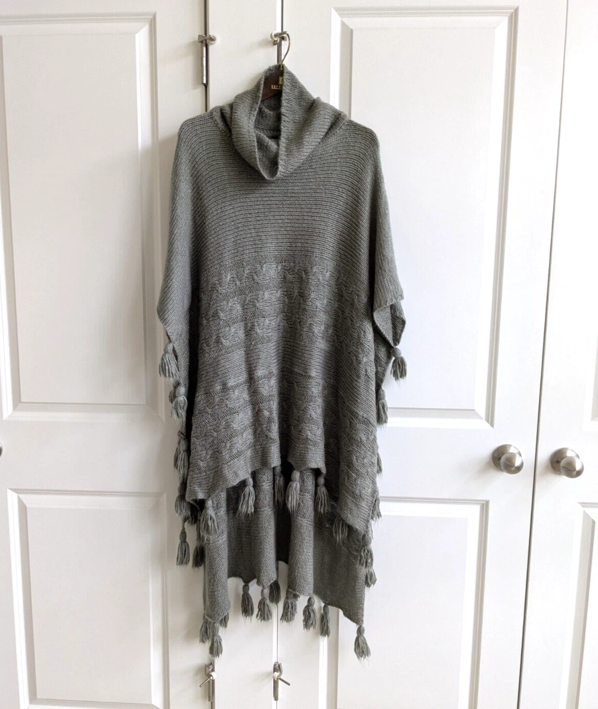 Cowl Neck Poncho Sweater Gray Mohair Blend Cable Knit Tassel Trim Tunic Cape