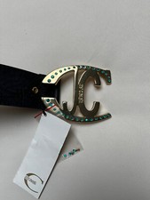 Cintura in pelle nera Just Cavalli. Fibbia strassata in verde e strass di ricam.