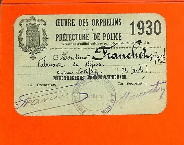 ORPHELINS DE LA PRÉFECTURE DE POLICE / CARTE DE MEMBRE DONATEUR