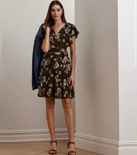 Lauren Ralph Lauren Georgette Floral Flutter Sleeve Dress Tie Neck Brown 6 NWOT
