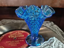 Fenton Aqua Blue Hobnail Glass Vase with Ruffled Edge Midcentury Vintage 4.5