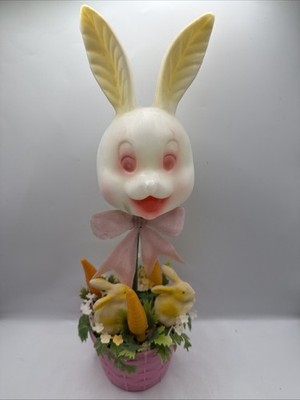 Vintage 50s Easter Bunny In Basket Flocked Rabbits Carrots Hong Kong 14.5 T 5.5W