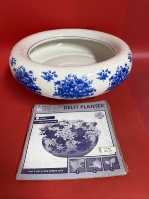 Vintage Delft Blue Floral Ceramic Planter Bowl Pot Garden Decor