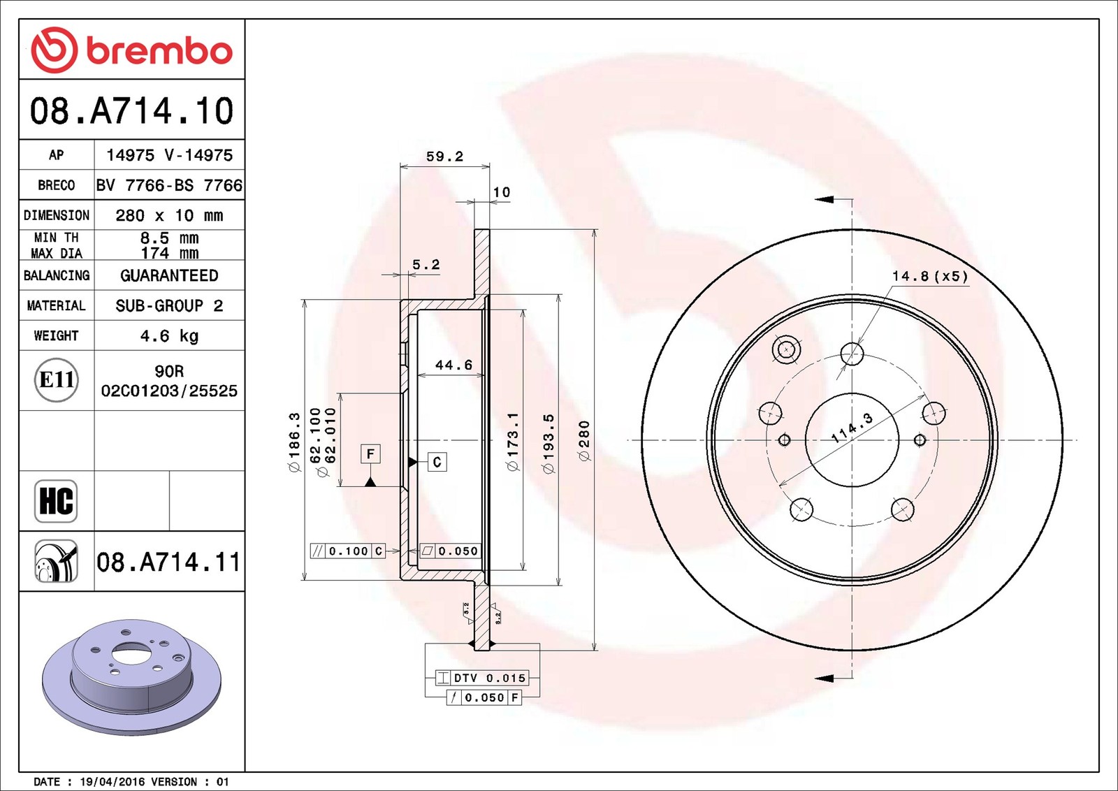 BREMBO Brake disc TOYOTA 08.A714.11 4243105050 Brake rotor,Brake discs,Brake rotors - Image 7
