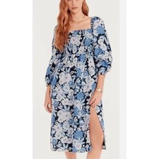 J. Crew Linen Daydream Dress Zinnia Floral Blue Women's L Quarter Sleeve