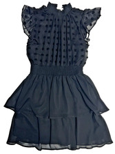 Andree by Unit Women's Black Swiss Dot Chiffon Dress Large Midi Smocked Waist