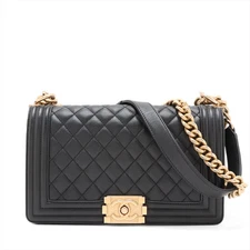 Chanel BOY CHANEL 25 Leather Chain Shoulder Bag Black Gold Metal Fittings 27th A