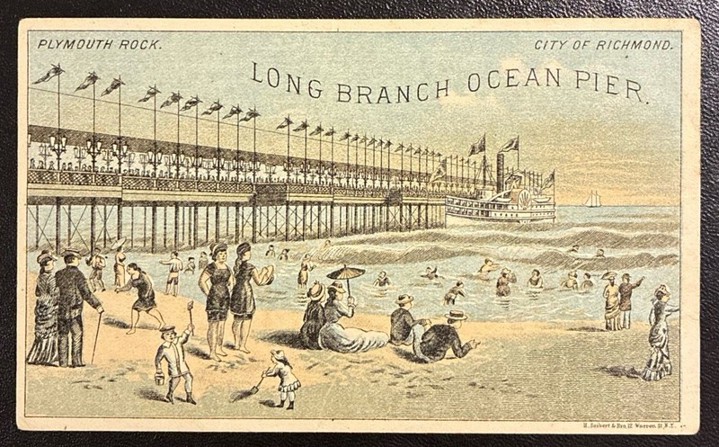 LONG BRANCH, NJ ~ EXCURSION STEAMERS FROM NYC TO OCEAN PIER ~ TRADE CARD 1880s
