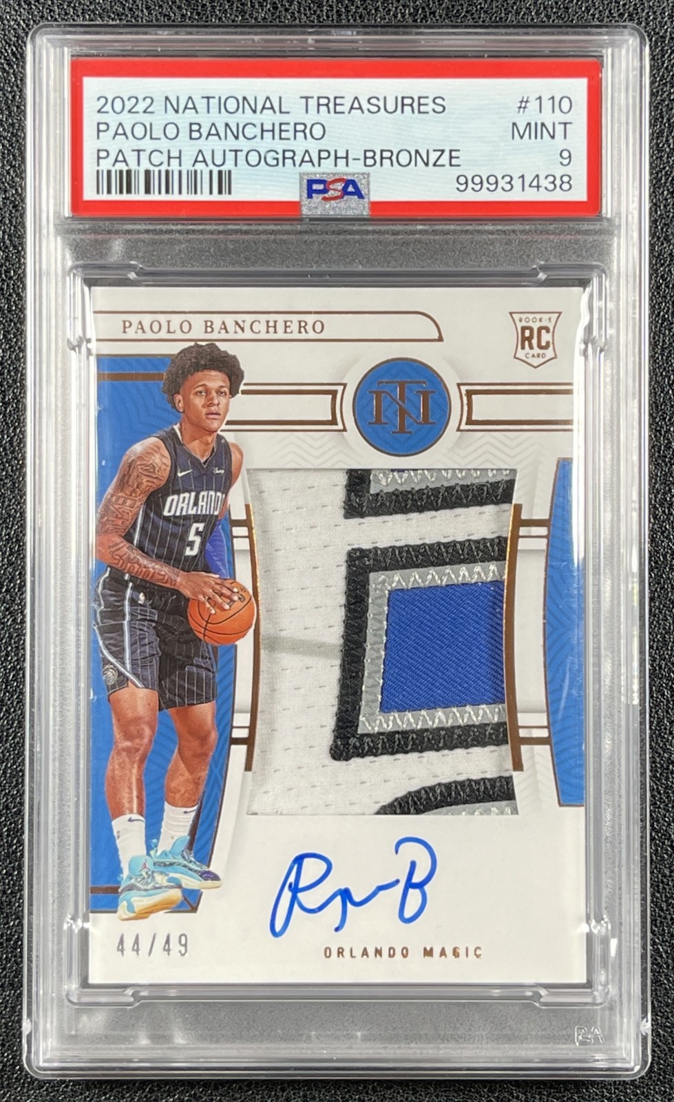 PAOLO BANCHERO PSA 9 2022 NATIONAL TREASURES #110 ROOKIE PATCH AUTO RC RPA 44/49