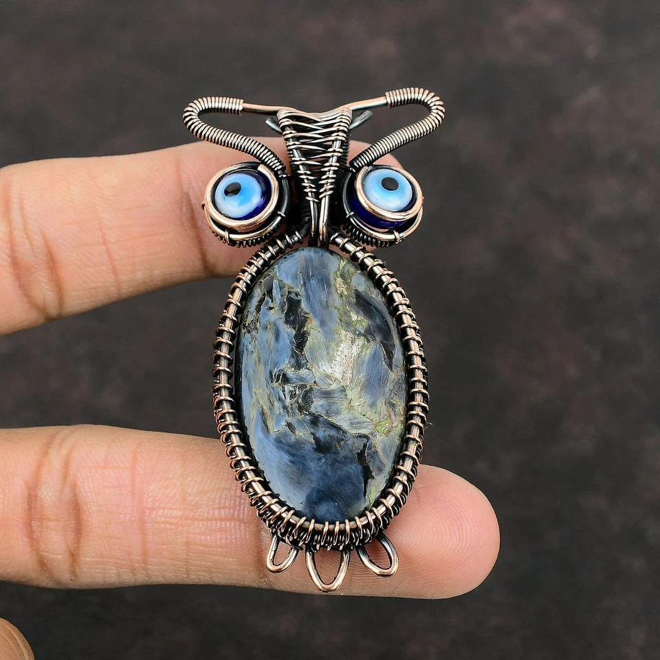 Copper Oval Natural Pietersite Blue Color Evil Eye Owl And Wire Wrapped Pendant - Image 3 of 4