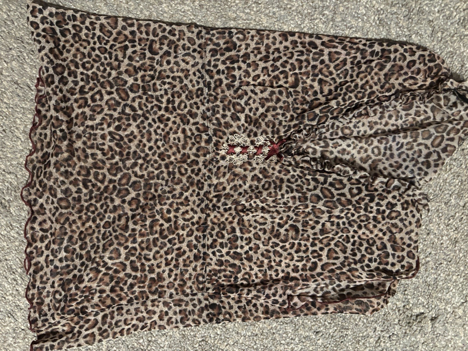 Leopard Print Sheer Babydoll Top Bow Accent Short Sleeve Round Neck Size M