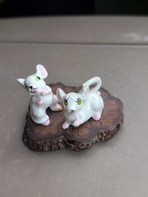 Vintage Miniature Bone China Mice Figurines On Wood Base, Mouse Japan 