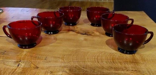 (6) Vtg Anchor Hocking-Ruby Red Depression Glass Punch Juice Cups Valentines