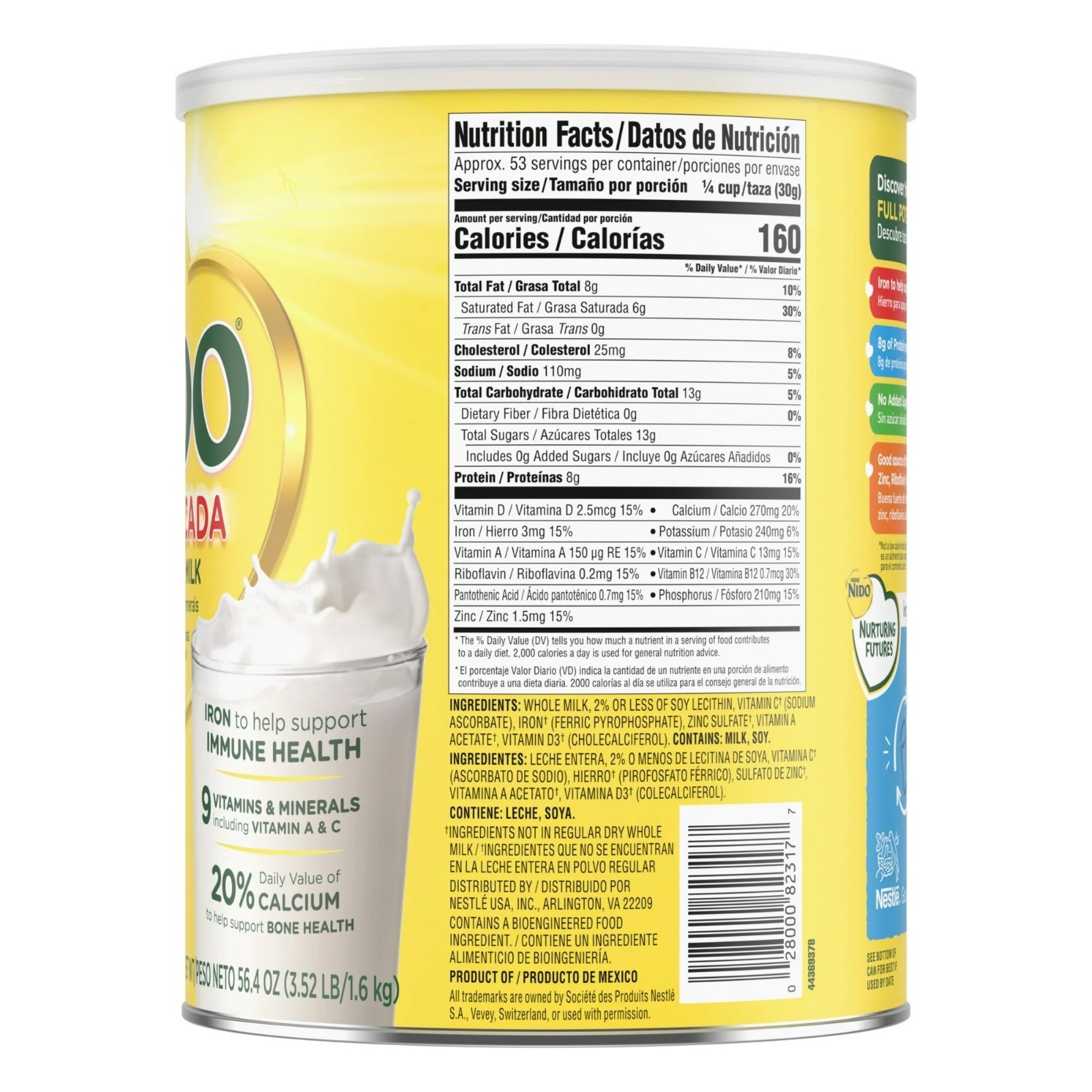 Nestle Nido Fortificada Powdered Drink Mix, Dry Whole Milk Powder, 56.4 oz