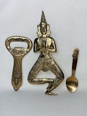 Vintage Thai Dancer Brass Bottle Opener Spoon Set MCM Siam Barware Lot Thailand