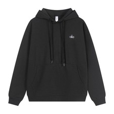 ALO Black Fleece Pullover Hoodie Logo Drawstring Front Pocket Long Sleeve