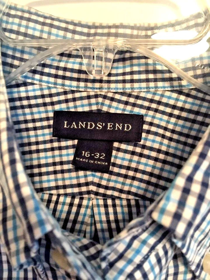 Camisa LANDS END masculina casual xadrez azul vestido com botões tamanho 16 x 32 ~ - Imagem 3 de 4