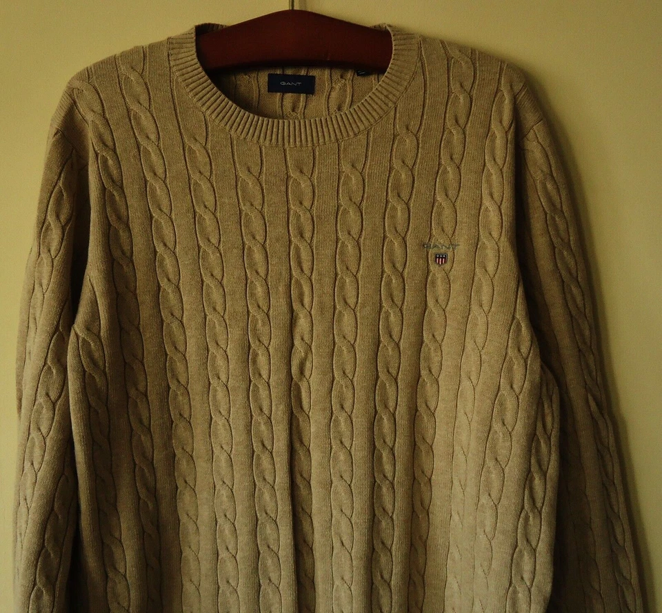 Pull homme GANT taille 2XL col rond tricot câble beige NEUF - Photo 3/4