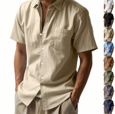 New Mens Linen Shirt Short Sleeve Button Down Tops Summer Casual Work Shirts US