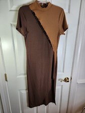 Urban Outfitters Size L Maxi Dress Brown Bodycon Mock Neck Cut-Out Asymmetrical
