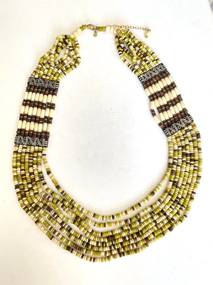 "Collar babero Chicos bohemio tribal 8 hebras verde marrón crema hueso cuentas 38""" Foto 2 de 4