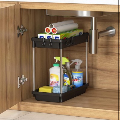 Lifewit Under Sink Organizer,2 Tier Shelf Rack with 4 Hooks,Easy Assembly, Black
