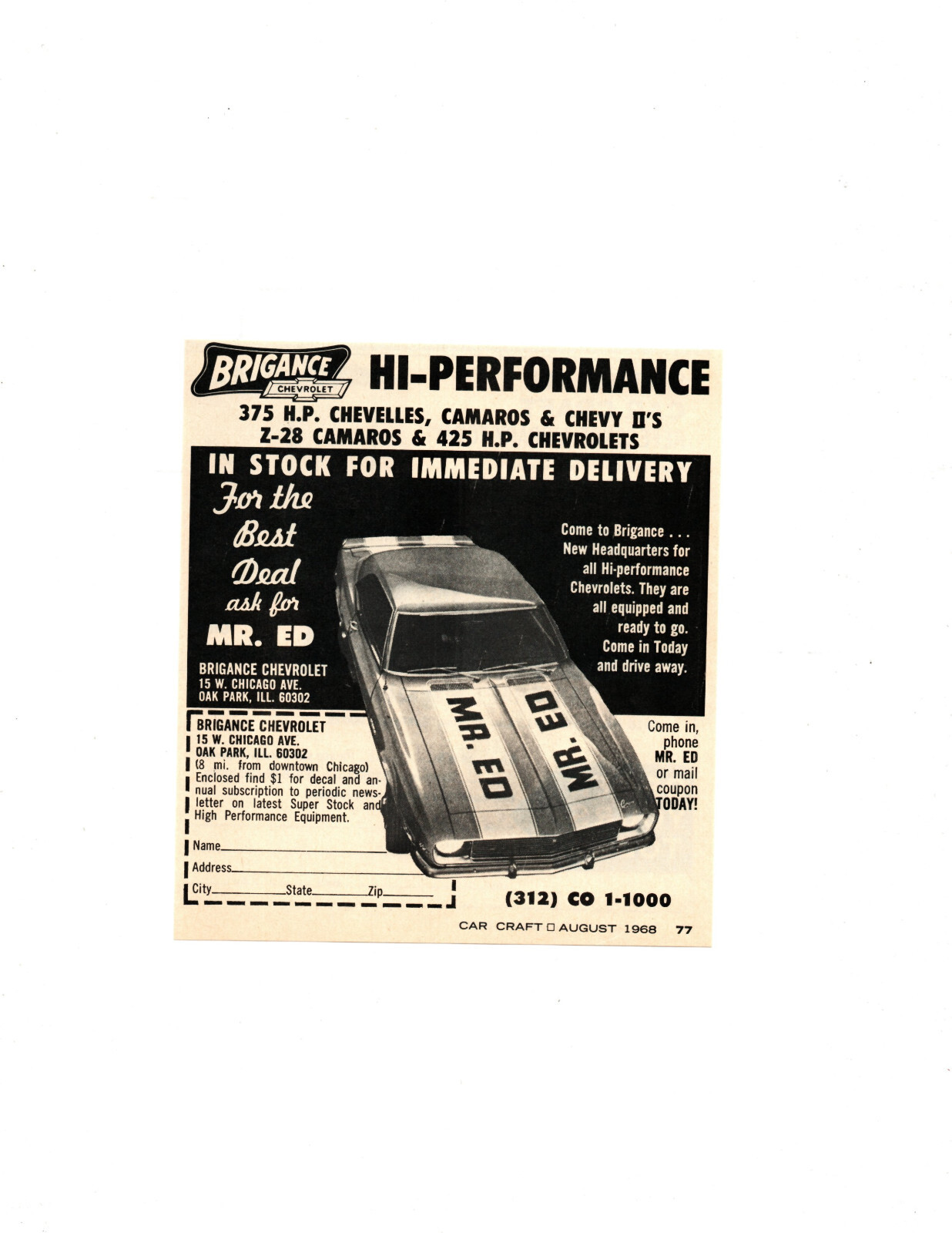 1968 BRIGANCE CHEVROLET HI- PERFORMANCE / MR ED ~ ORIGINAL SMALLER DEALER AD