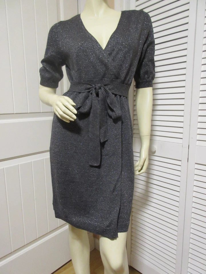 Vintage 90s 80s Liz Claiborne V-Neck Wrap Silver Glitter Dress Gray Sparkly Glam - Image 3 of 4