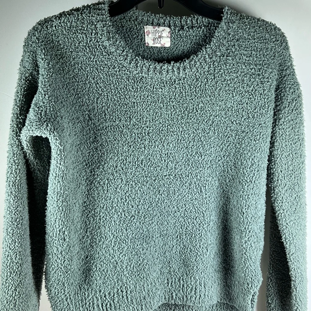 Hippie Rose Womens Pullover Sweater Green Long Sleeve Crew Neck S