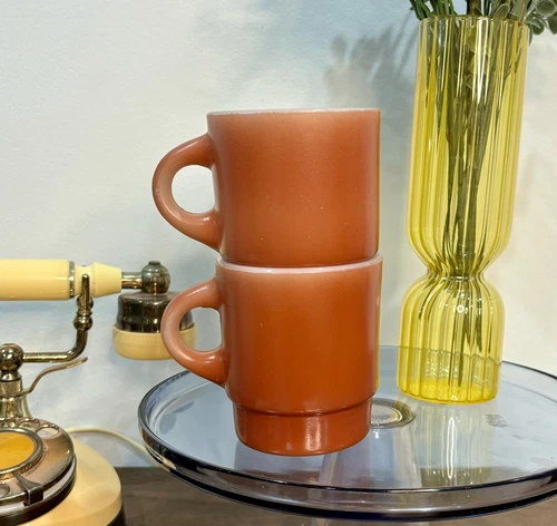 VTG Anchor Hocking Fire King Stacking Coffee Mug Amber Brown Rust Red Set of 2