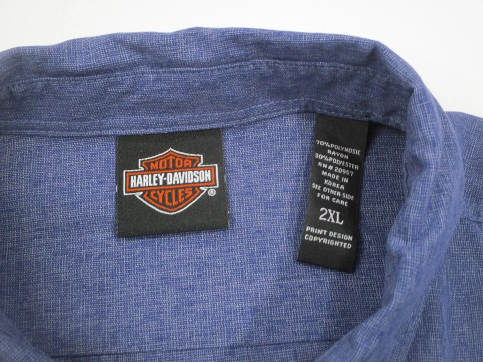 Camisa de campamento hawaiana Harley Davidson para hombre XL azul bordada Foto 3 de 4