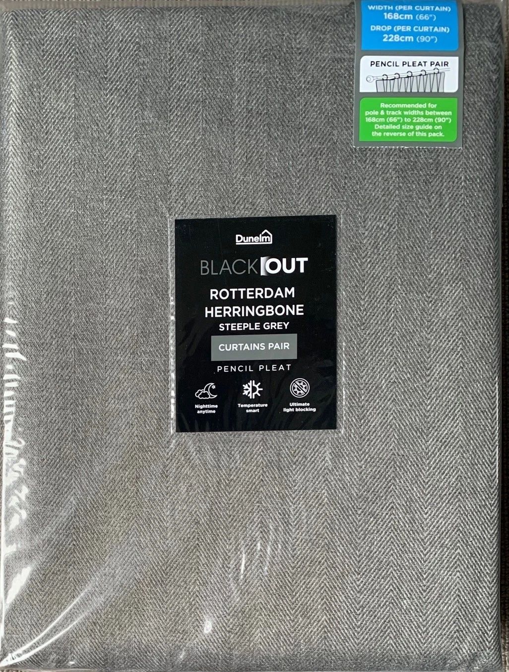 Dunelm Rotterdam Steeple Grey Blackout Pencil Pleat Curtains 66"x90" (W x L)Pair