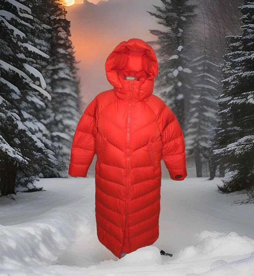 Nike Down Puffer Coat Full Long Ankle Length Jacket Womens Medium Red Winter - Image 2 of 4