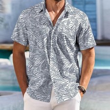 Gray Blue White Leaf Hawaiian Shirts Tropical Holiday Beach Shirts for All