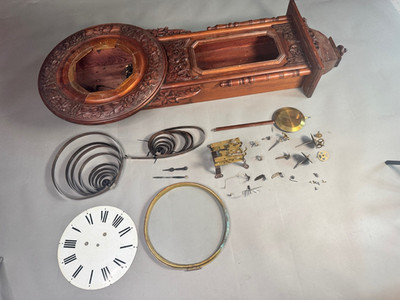 Antique Regulator Wall Clock   Ornate Carved Wood Case, Dial, Movement, Pendulum