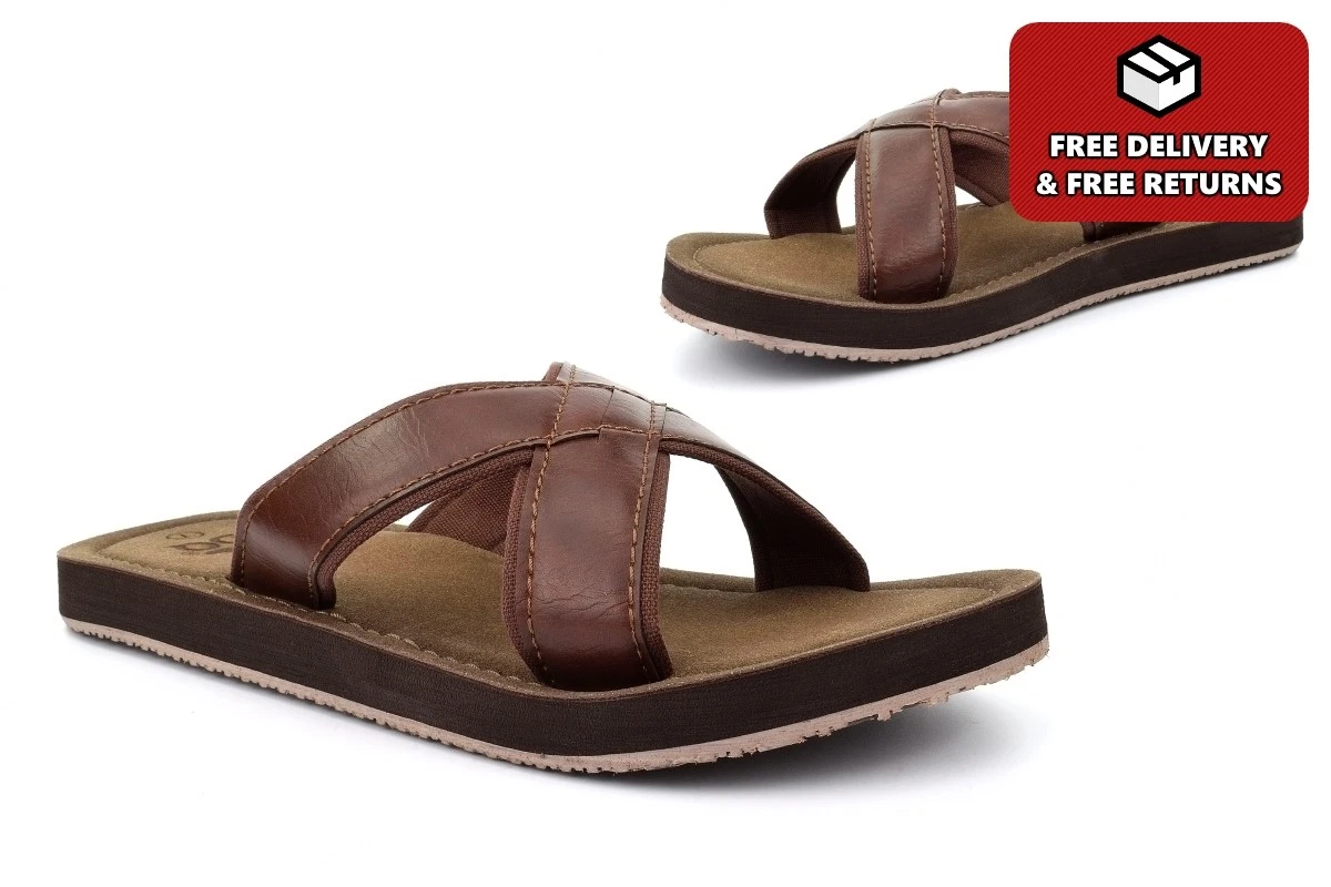 Mens Wide Fit Sandals Crossover Mules Faux Leather Flip Flops Slip On Size Brown
Opens in a new wind