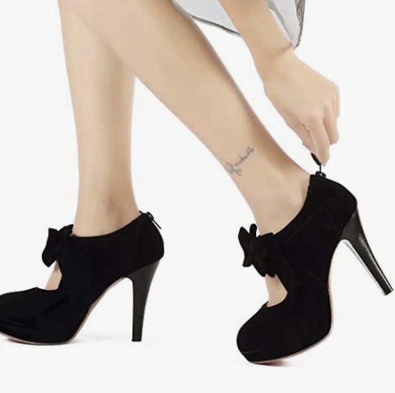 Mostrin Women’s Mary Jane Pumps Black Velvet Bow Platform Heels Size 8.5 New