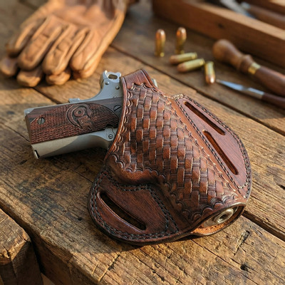 Leather Belt Holster Fits Kimber Micro 9, 1911 - 3 Slot Style - Basket Weave