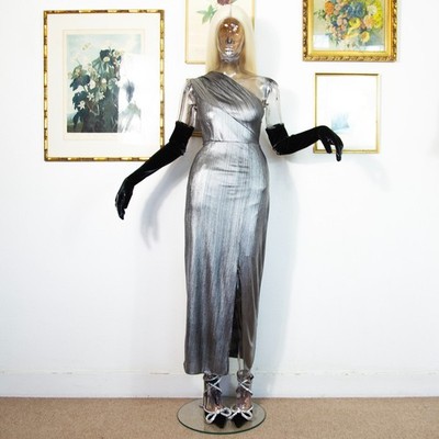 Vintage 80er Silber One Shoulder Kleid | Metallic Disco Style Abendmode UK 8