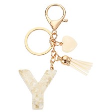 Initial Letter Keychains, Resin Cute Pendant with Heart  Tassel, White-Y