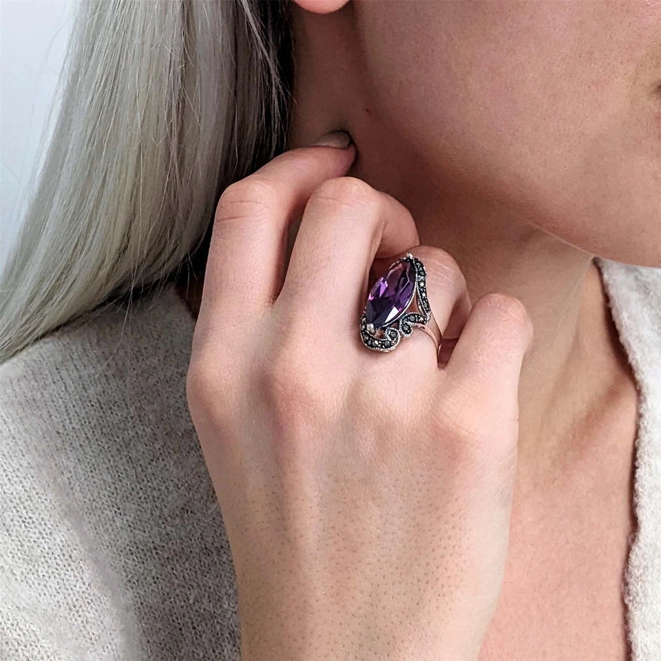 Silverly Anello Argento 925 Solitario Zircone Viola Ovale Marcasite - Immagine 3 di 4