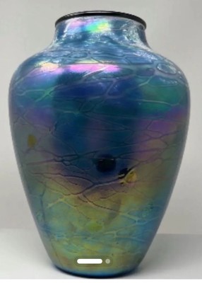 Tom Stoenner Signed 1999 Blown Iridescent Blue & Purple Art Glass Vase, 10 1/2''